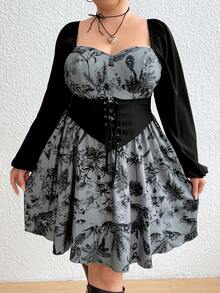 Flirla Plus Floral Print Lace Up Front Lantern Sleeve Dress - Multicolor - View 4