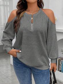 Celure Plus Size Off Shoulder Sweatshirt With Front Zipper Design - Dark Grey - View 1