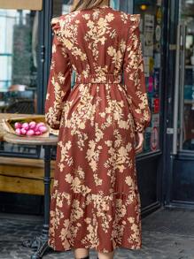 SHEIN Frenchy 女士花卉印花燈籠袖腰帶連衣裙 - 彩色 - 查看 2