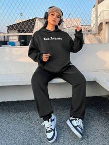 SHEIN EZwear 加大碼女性寬鬆字母印花2件套裝 - 黑色 - 查看 5