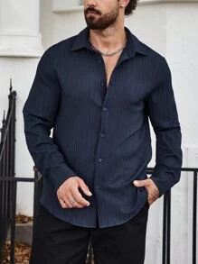 SHEIN Manfinity Homme 男士純色休閒長袖襯衫 - 藏蓝色 - 查看 1