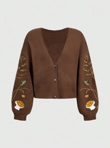 ROMWE Fairycore 女式針織開衫,植物刺繡細節和單排釦扣 - 咖啡棕 - 查看 1