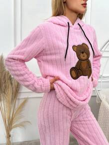 EURMUSE Bear Embroidered Kangaroo Pocket Drawstring Hooded Flannel Sleep Top - Pink - View 5