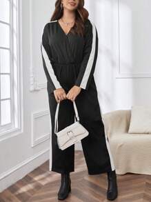 SHEIN Essnce Women's Plus Size Color Block Side Stripe Jumpsuit - Black and White - View 3
