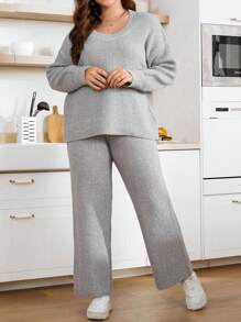 Calvaya Hơn Thả vai Áo len & Quần dệt kim - Xám - Xem 3