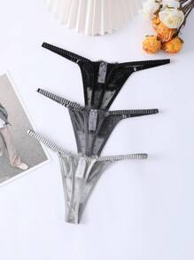 3件套蝴蝶结撞色蕾丝女士丁字裤性感内衣 - 彩色 - 查看 2