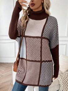 SHEIN LUNE Women's Plaid Hem Slit Knit Pullover Fall Winter Sweater - Multicolor - View 4