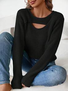 休闲百搭纯色镂空针织毛衣，适合春秋季穿着 - 黑色 - 查看 4