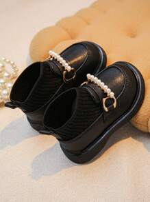 嬰兒,&小的孩子們珍珠鈕扣,亮片細節,針織袖口,舒服的,防滑,中幫,平底戶外&日常靴子 - 黑色 - 查看 2
