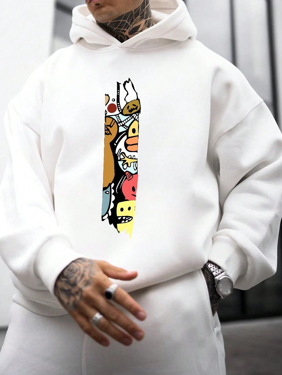 男士卡通图案落肩连帽衫（不含 T 恤），适合万圣节 - 白色 - 查看 1