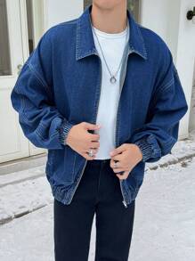 Claim Dot 男式寬鬆垂墜肩牛仔外套 - 藍色 - 查看 3