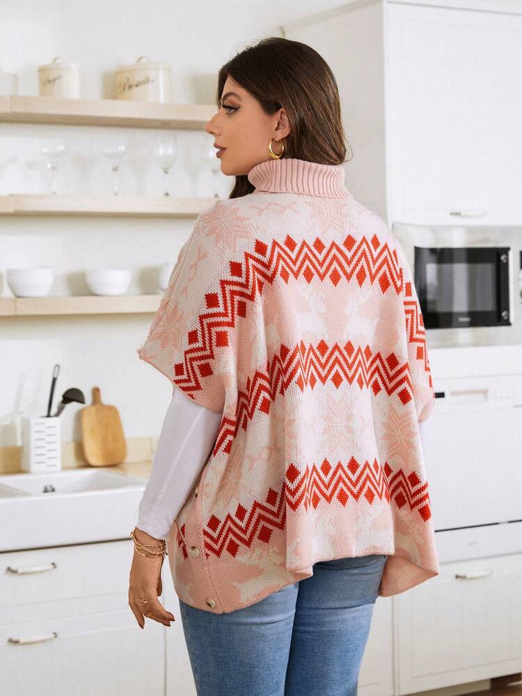 Plus 1pc Geo & Elk Pattern Turtleneck Batwing Sleeve Sweater Knit Pullover Fall Winter Sweater