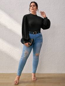 SHEIN Frenchy Plus Swiss Dot Lantern Sleeve Mock Neck Top - Black - View 4