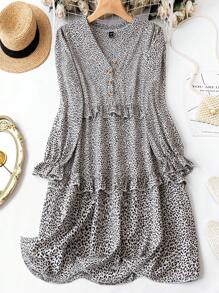 SHEIN LUNE Plus 豹紋荷葉邊袖荷葉邊洋裝 - 彩色 - 查看 1