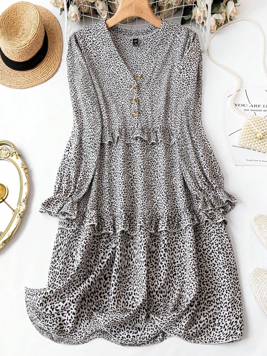 SHEIN LUNE Plus 豹紋荷葉邊袖荷葉邊洋裝 - 彩色 - 查看 1