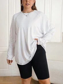 SHEIN EZwear Plus Size Raglan Sleeve T-Shirt - White - View 4
