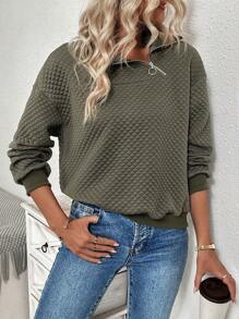 SHEIN LUNE Half Zipper Collar & Drop Shoulder Sweatshirt Pullover Fall Outfit - Army Green - View 5