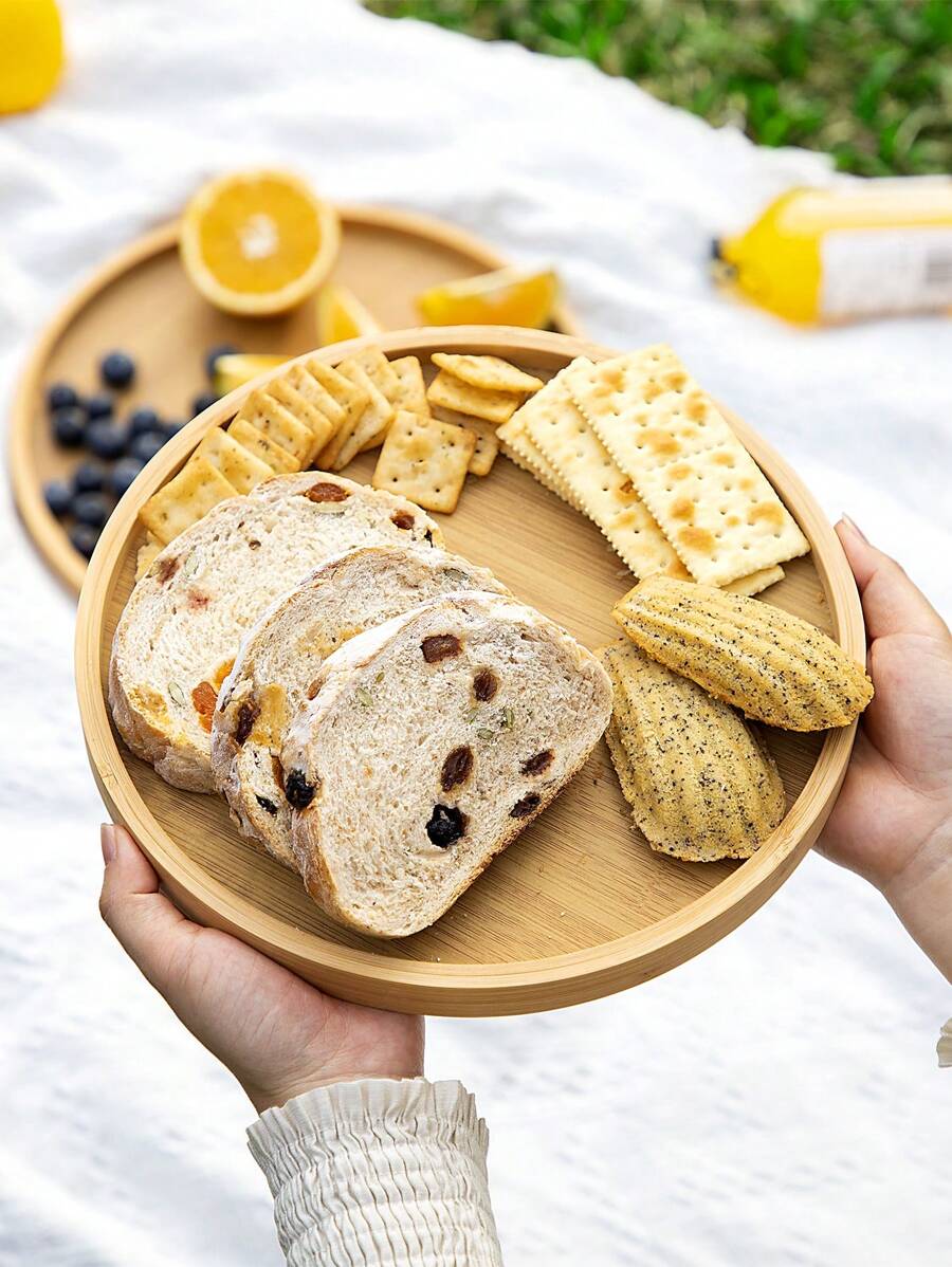 SHEIN Basic living 1 件竹制餐盘，圆形木托盘，木制餐盘，水果，面包，沙拉盘，熟食餐盘（9.8/11.8 英寸可选）圣诞节礼物 - 薑色 - 查看 1