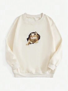 SHEIN EZwear 大尺碼女士貓紋運動衫 - 米色 - 查看 4