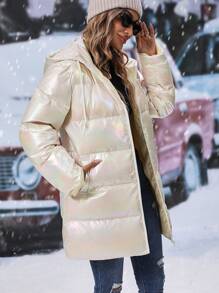 SHEIN Clasi Của phụ nữ Sáng bóng Laser áo có mũ Dây rút Áo lông Jacket - Màu be - Xem 1