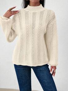 Chiquease 立领落肩灯笼袖针织套头衫秋冬毛衣 - 米色 - 查看 5