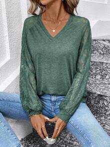 SHEIN LUNE Top De Hombro Ranglan Con Encaje Para Mujer - Verde - Ver 4