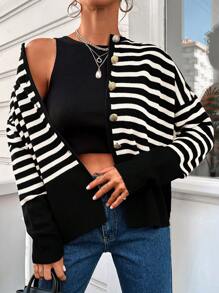 RueChic Của phụ nữ Sọc Áo len Mở Áo len - Đen và trắng - Xem 1