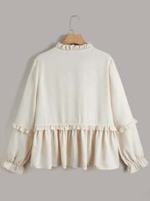 Celure Plus Frill Trim Flounce Sleeve Blouse Peplum Top - Beige - View 2