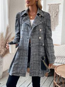 SHEIN LUNE 女士格紋v領羊毛大衣