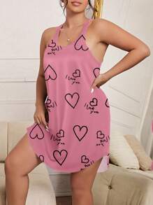 Plus Size Đơn giản in chữ tiếng Anh cổ tròn Tank Pajama Dress cho đồ ngủ - Hồng - Xem 3