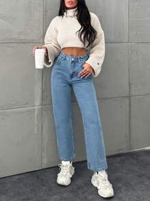 SHEIN Cottnline Women's Straight Leg Jeans - Medium Wash - View 5