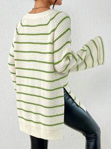 Chiquease Striped Pattern Raglan Sleeve Split Hem Sweater - Multicolor - View 2
