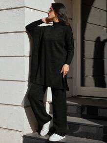 SHEIN Cottnline Women's Solid Color Sweater And Trousers Two Piece Set - Black - View 3