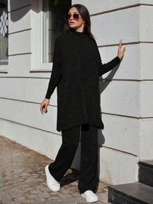 SHEIN Cottnline Women's Solid Color Sweater And Trousers Two Piece Set - Black - View 4