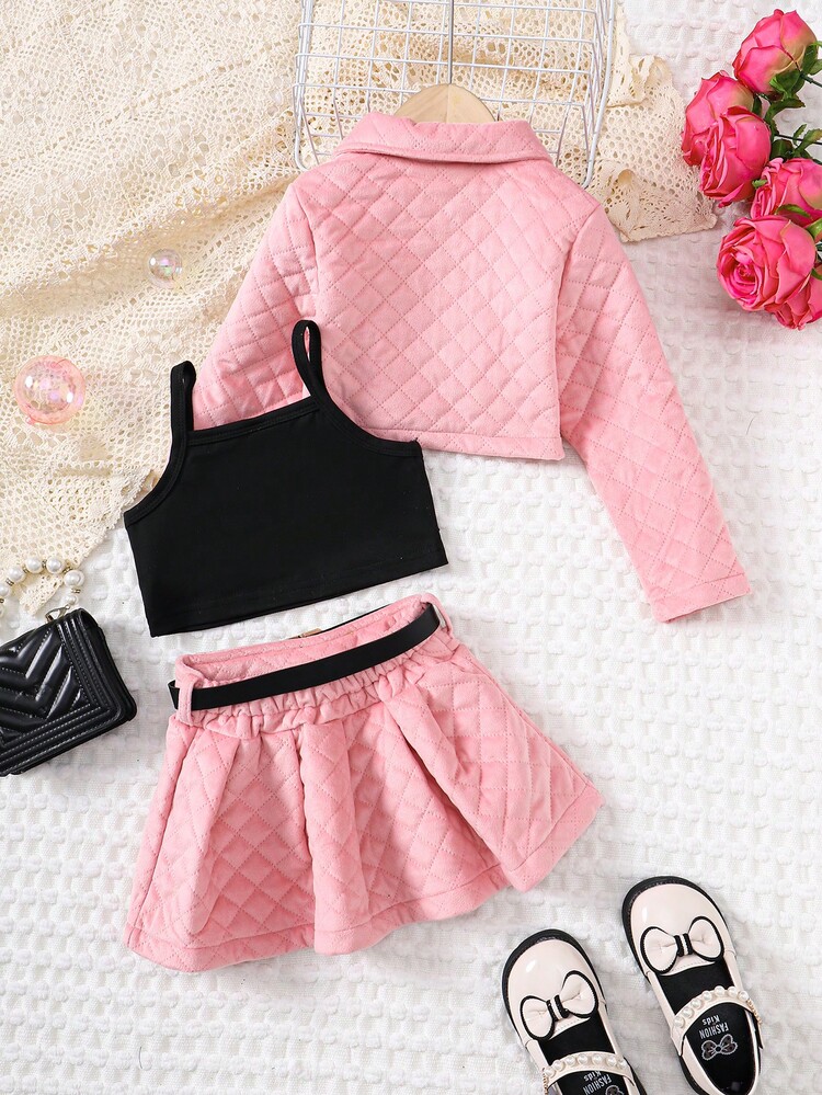 SHEIN 年輕女孩時尚三件套,鑽石紋理圖案 - 粉色 - 查看 2