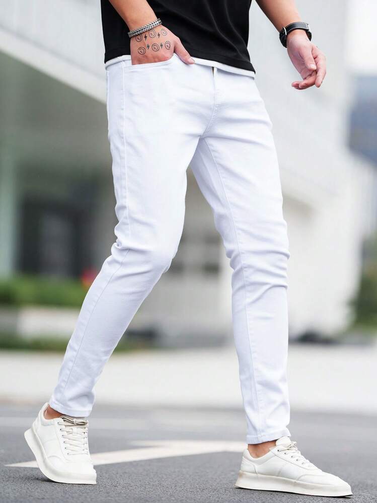 Manfinity Homme Men's Solid Color Slim Fit Fashion Jeans Long Ripped Frayed Jean Cargo Plain All White Work Business Casual Husband Going Out Hang Out Commute Work Urban - White - View 3