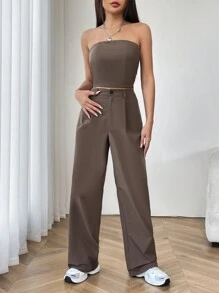 Muchica Ladies' Solid Color Strapless Top And Straight Leg Pants 2pcs Set - Brown - View 1