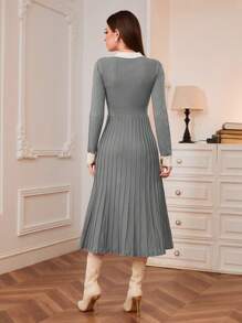 Modelyn Knit Button Decorated Ribbed Collar Long Sleeve Sweater Dress - Grey - View 2