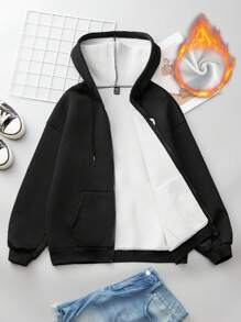 SHEIN Essnce Thả vai áo có mũ Lông cừu Áo nỉ Với dây rút - màu đen - Xem 1