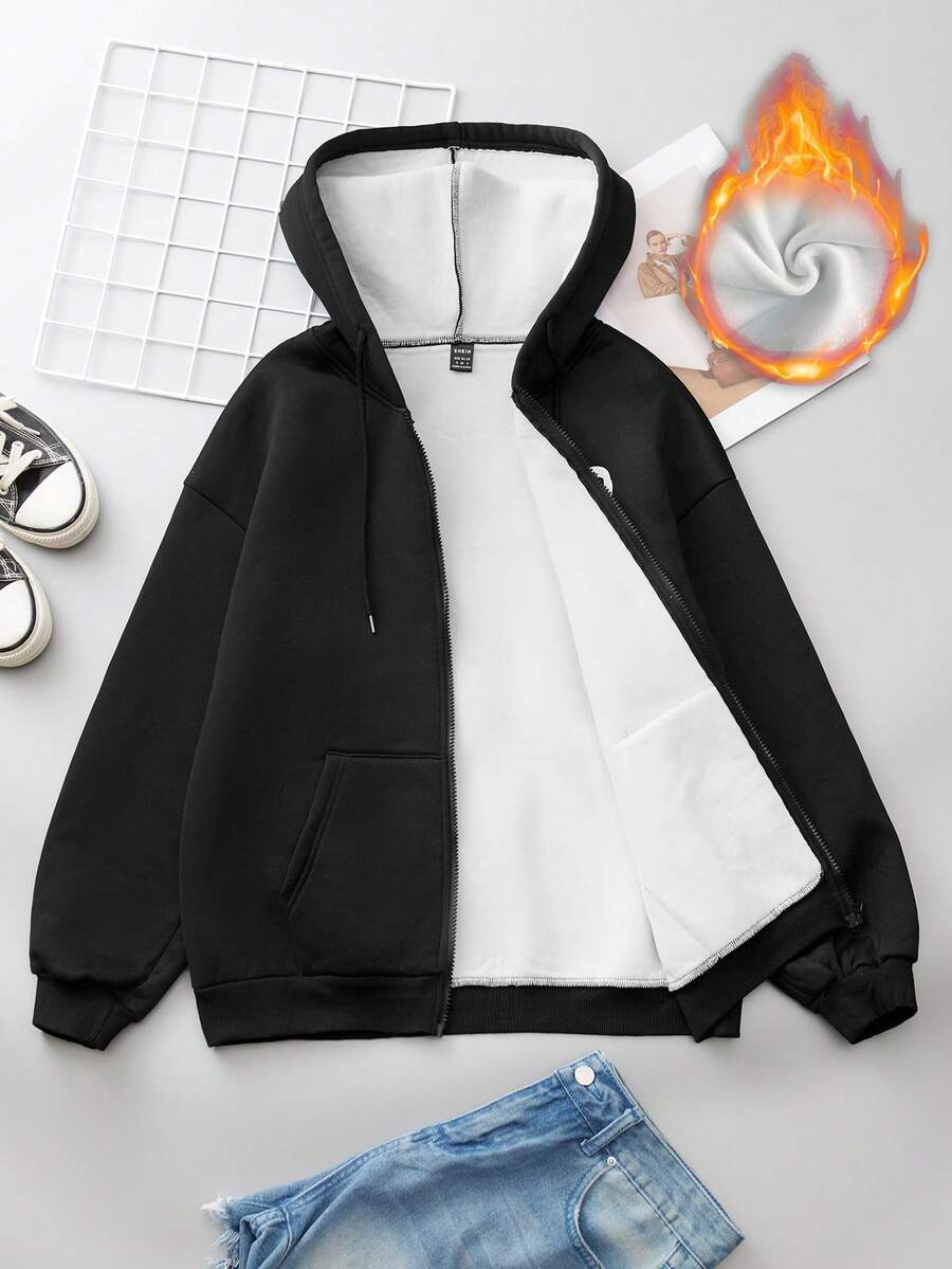 SHEIN Essnce Thả vai áo có mũ Lông cừu Áo nỉ Với dây rút - màu đen - Xem 1