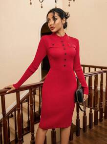 SHEIN Privé Chi tiết Nút Đầm Áo len Với Ôm sát hông Phù hợp Và Tay áo dài - Đỏ - Xem 3