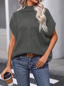 SHEIN Clasi Solid Color Stand Collar Batwing Sleeve Sweater Vest - Grey - View 7