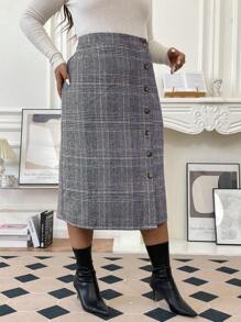 SHEIN Franclia Hơn In kẻ sọc Nút phía trước Váy - Màu xanh lam - Xem 1