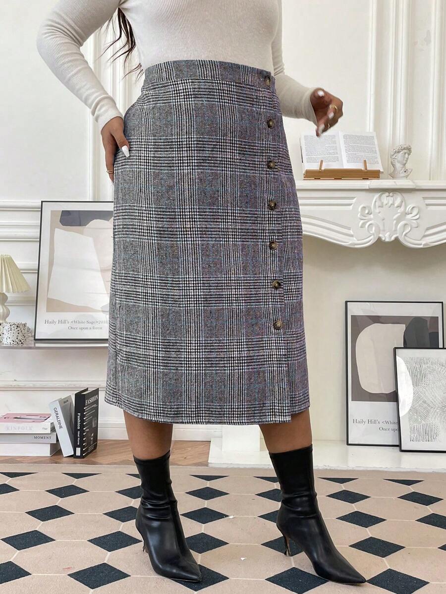 SHEIN Franclia Hơn In kẻ sọc Nút phía trước Váy - Màu xanh lam - Xem 1