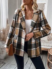 SHEIN LUNE 女士格紋翻領西裝外套 - 卡其色 - 查看 5