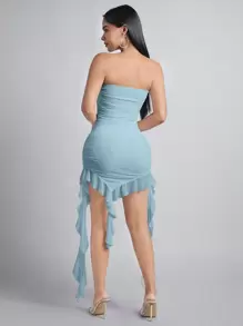 SHEIN PETITE Xù Viền không đối xứng Đầm bó sát ống - Màu xanh nhạt - Xem 2