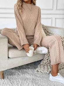 Pariaura Cable Knit Drop Shoulder Sweater & Knit Pants - Khaki - View 3