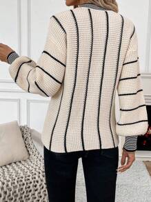 SHEIN Essnce Mẫu sọc Thả vai Áo len - Màu be - Xem 2