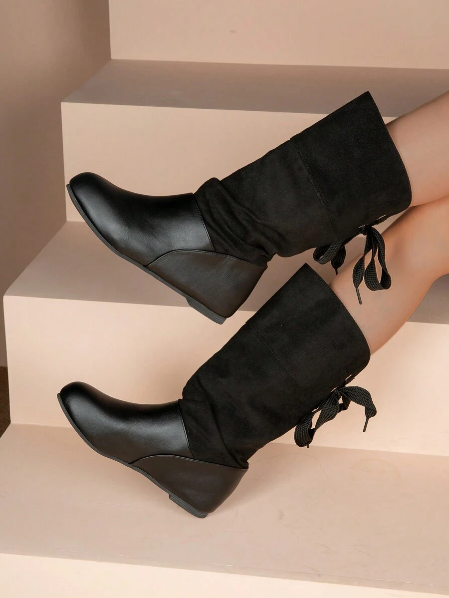 女士中筒黑色拼接靴,冬季寬筒楔型高跟靴 - 黑色 - 查看 1