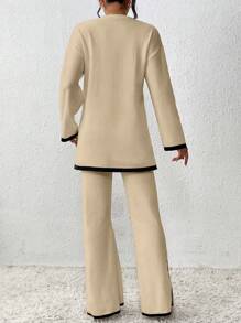 Chiquease Women's Color Block Sweater And Pants Set With Hem Slit Detail - Apricot - View 2